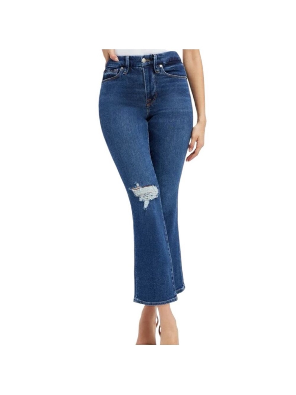 Good American Mid-High Rise Cropped Kick Flare Leg Jeans in Dark Blue